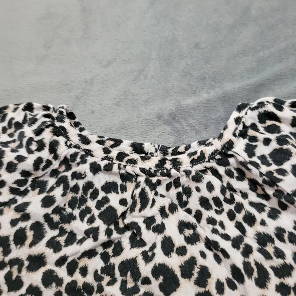 Old Navy Girls 3T Black‎ Beige Cheetah Linen Cap Sleeve Button Back Blouse Top